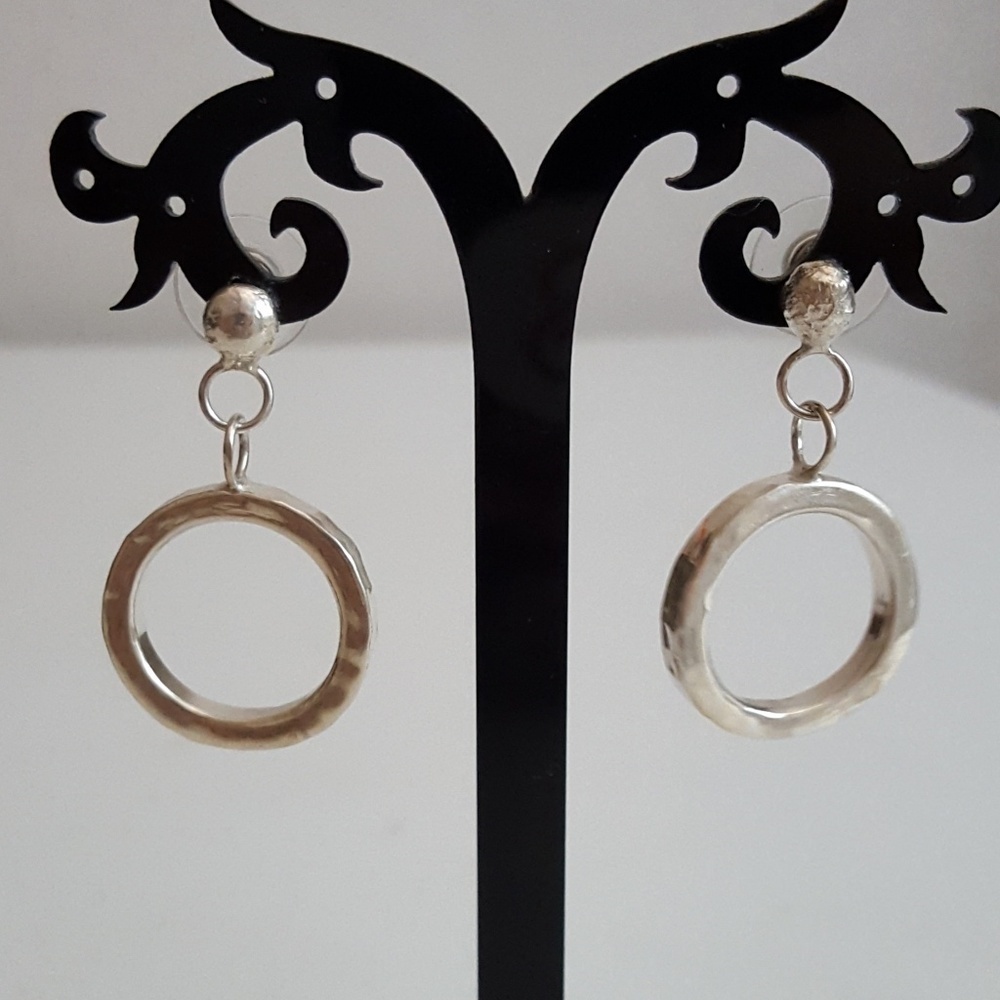 Handhammered Sterling Silver Open Circle Drop Earrings Modernist Round Dangles